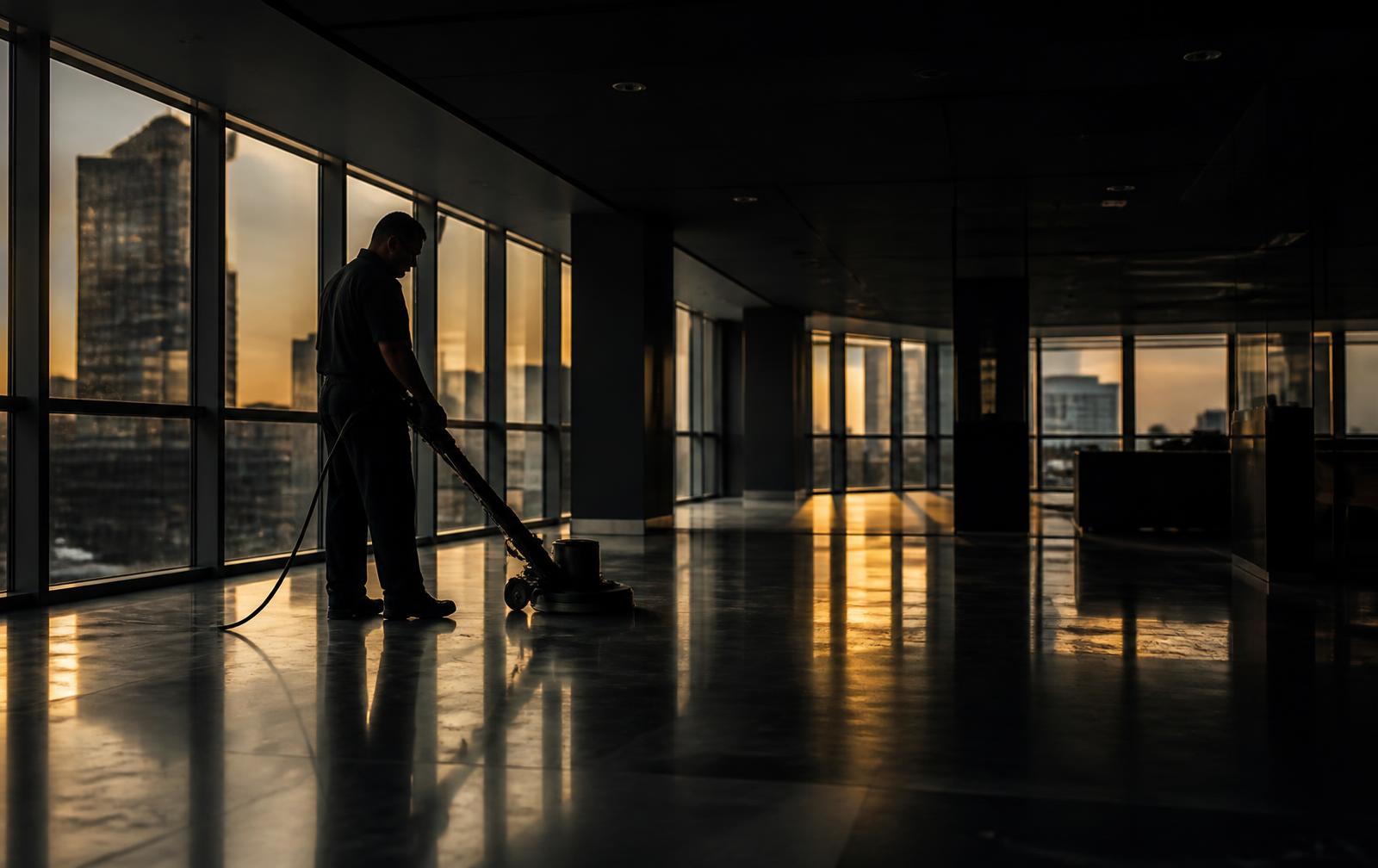 Cleaning technician polishing the floor of an empty office at dusk