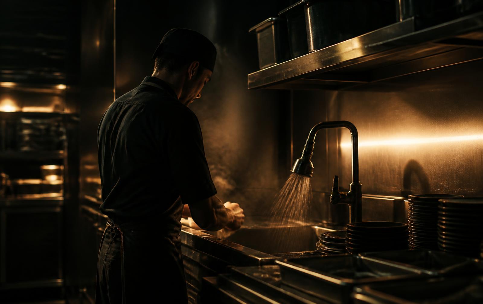 Dishwasher working a stainless steel dish station in a commercial kitchen