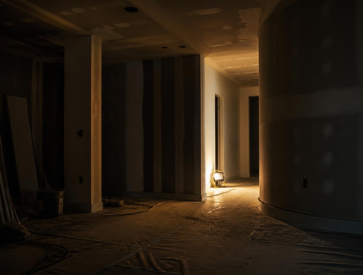 Interior after construction, dust and debris on protected floors